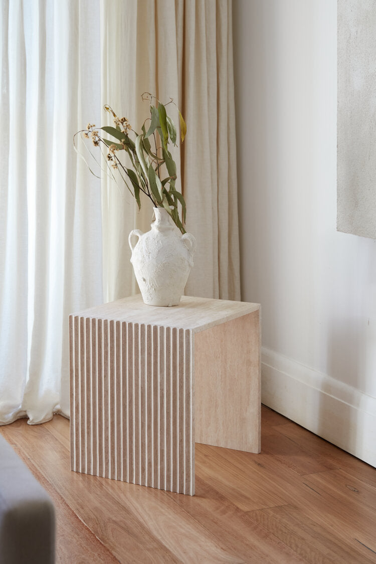 Chelon Fluted Side Table Travertine Mediterranean Furniture
