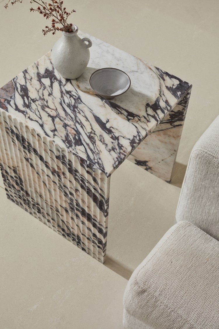 Chelon - Designer Fluted Marble Side Table - Calacatta Viola