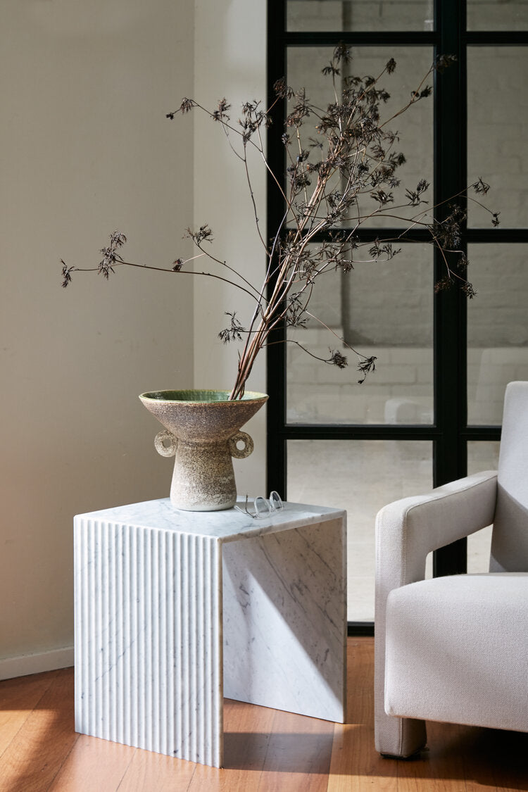 Chelon - Designer Fluted Marble Side Table - Bianco Carrara
