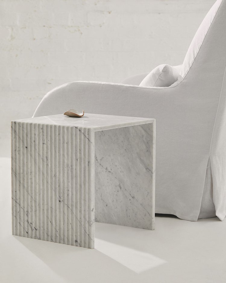 Chelon - Designer Fluted Marble Side Table - Bianco Carrara