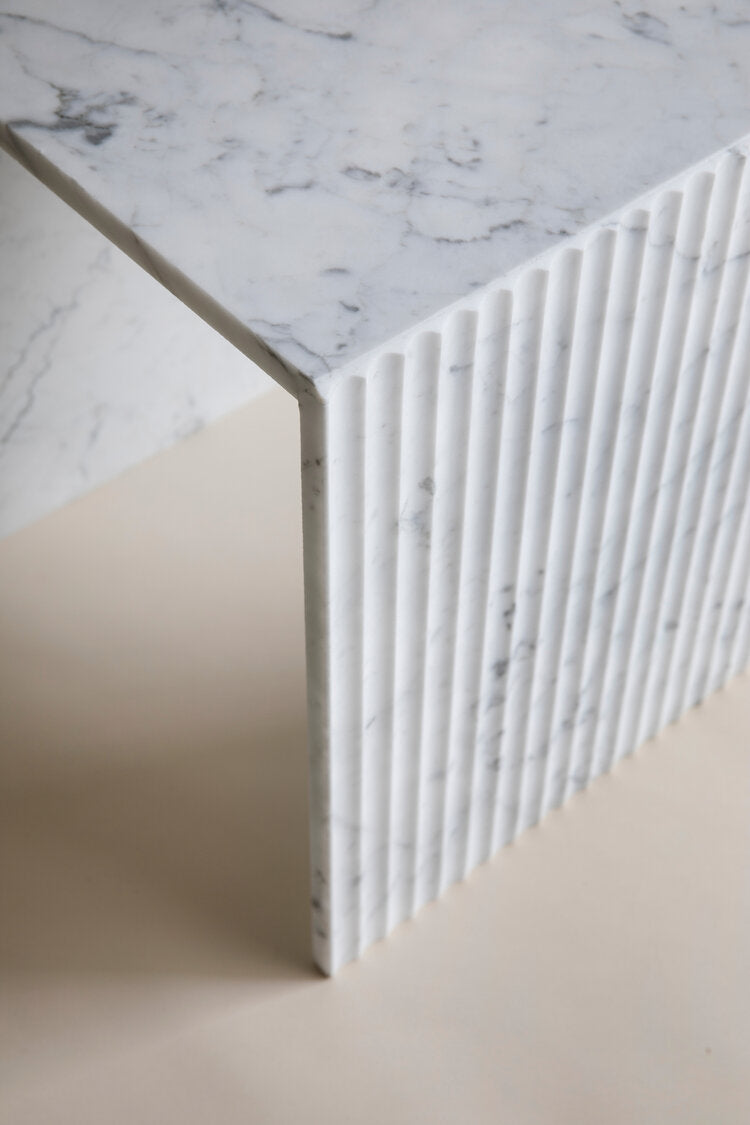 Chelon - Designer Fluted Marble Side Table - Bianco Carrara
