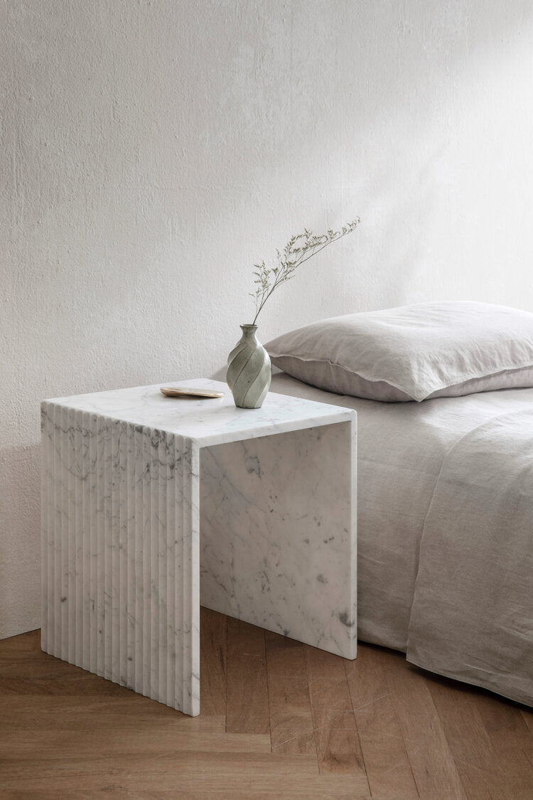 Chelon - Designer Fluted Marble Side Table - Bianco Carrara