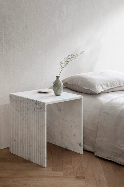 Chelon - Designer Fluted Marble Side Table - Bianco Carrara