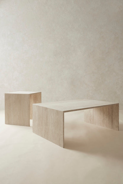 Chelon Fluted Side Table Travertine Mediterranean Furniture