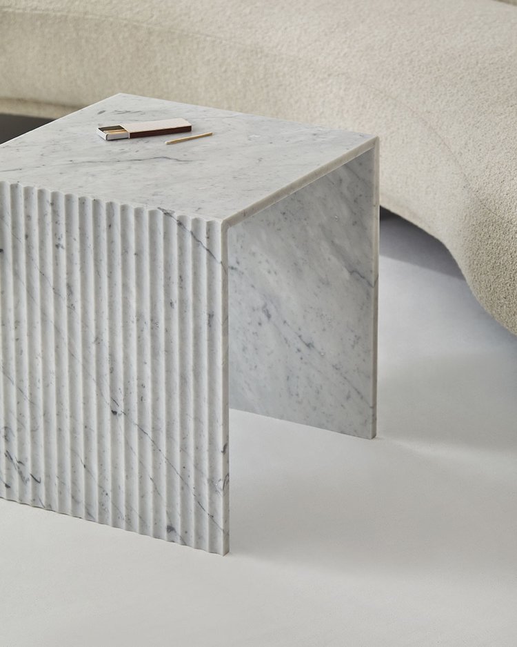 Chelon - Designer Fluted Marble Side Table - Bianco Carrara